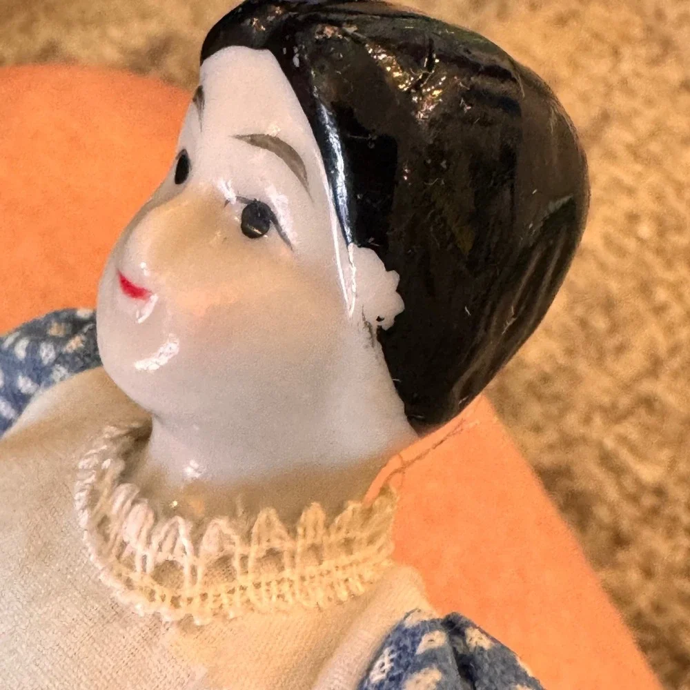 Vintage Porcelain China Doll Small Miniature Blue White Dress Collectible‎